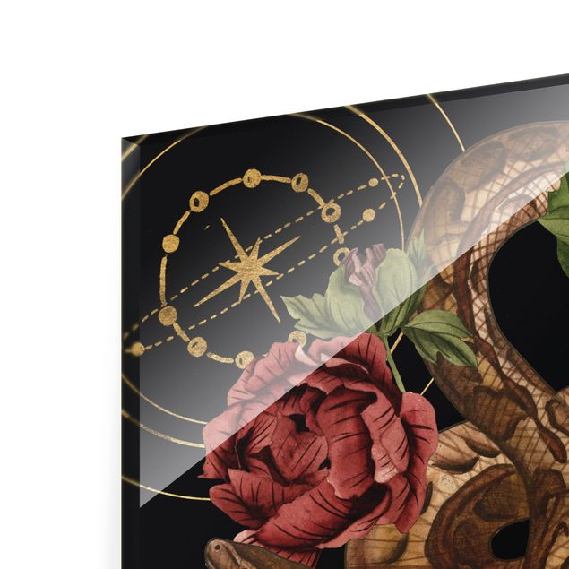 Glass print - Snake With Roses Black And Gold IV - Portrait format