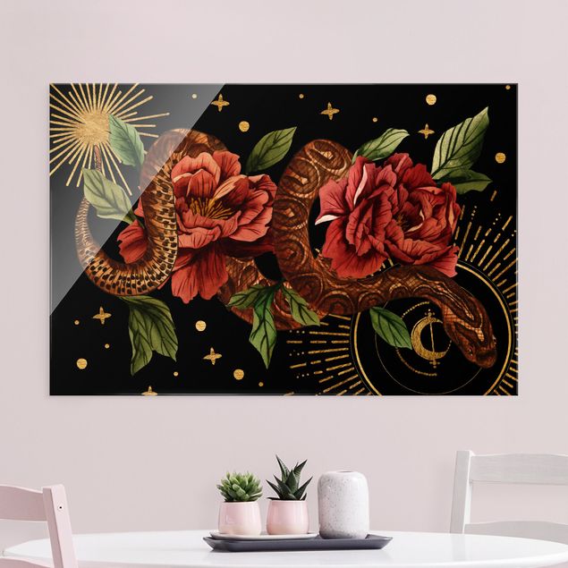 Glass print - Snakes With Roses On Black And Gold II - Landscape format