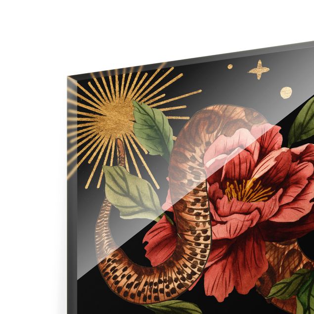 Glass print - Snakes With Roses On Black And Gold II - Landscape format