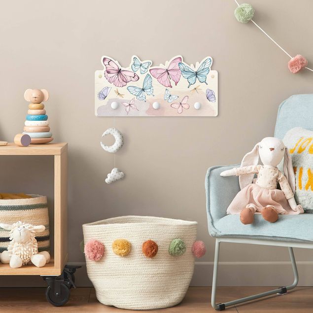 Coat rack for children - Butterflies Watercolour Pastel