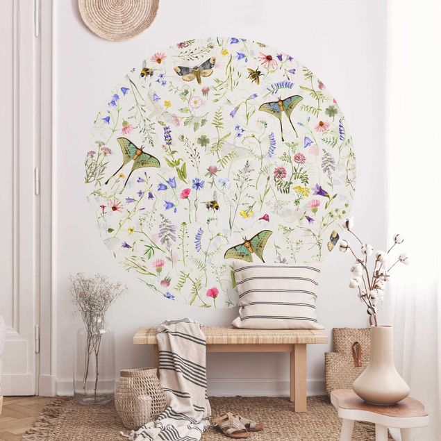 Self-adhesive round wallpaper - Butterflies With Flowers On Cream Colour