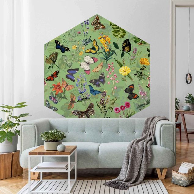 Self-adhesive hexagonal pattern wallpaper - Butterflies With Flowers On Green
