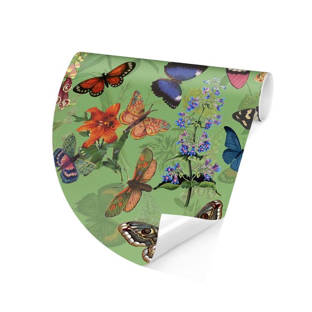 Self-adhesive round wallpaper - Butterflies With Flowers On Green