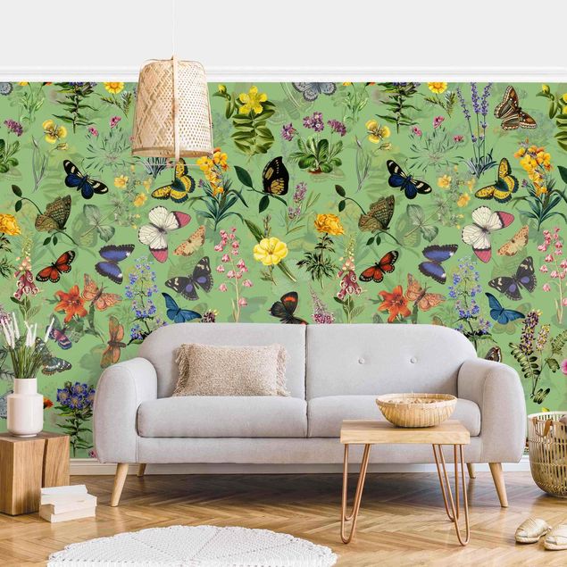 Wallpaper - Butterflies With Flowers On Green