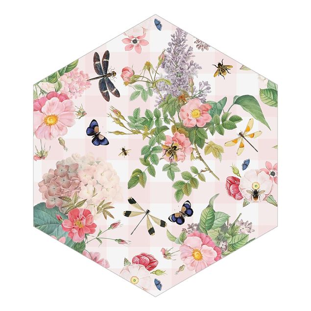 Self-adhesive hexagonal pattern wallpaper - Butterflies With Pink Roses