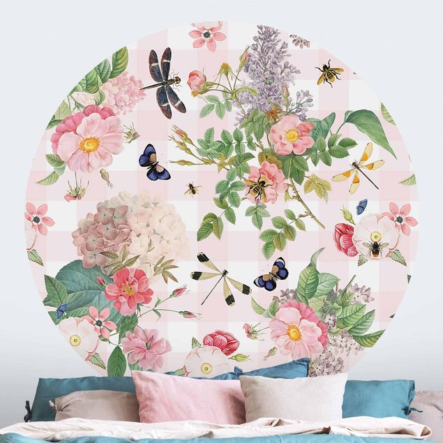 Self-adhesive round wallpaper - Butterflies With Pink Roses