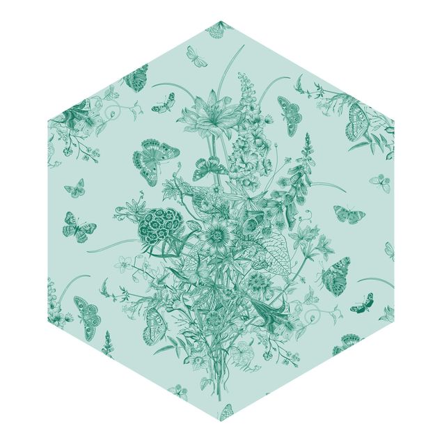 Self-adhesive hexagonal pattern wallpaper - Butterflies Around Flower Island In Green II