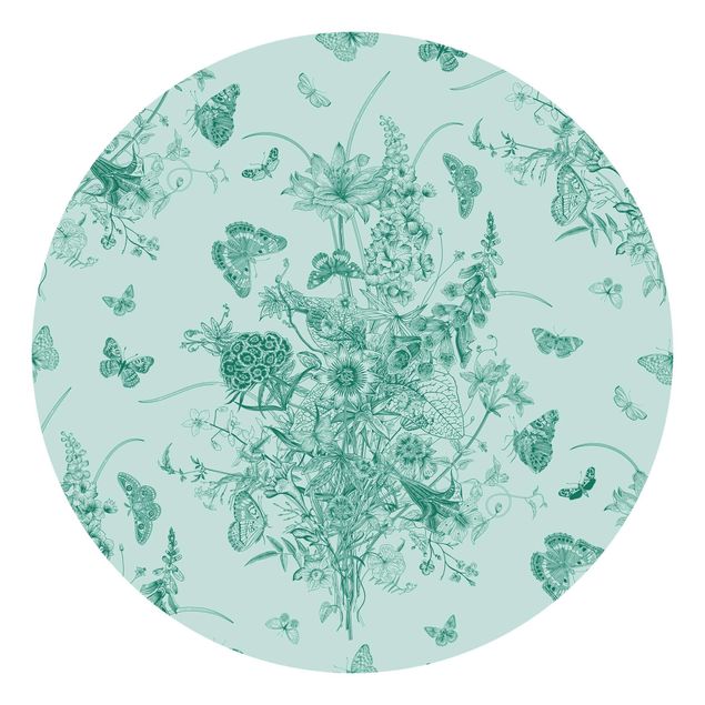 Self-adhesive round wallpaper - Butterflies Around Flower Island In Green II