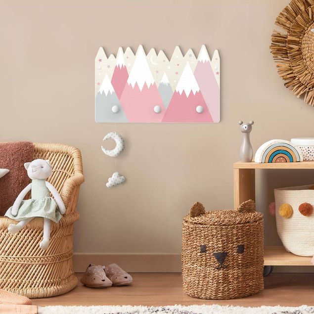 Coat rack for children - Snow-capped Mountains Stars And Moon Pink