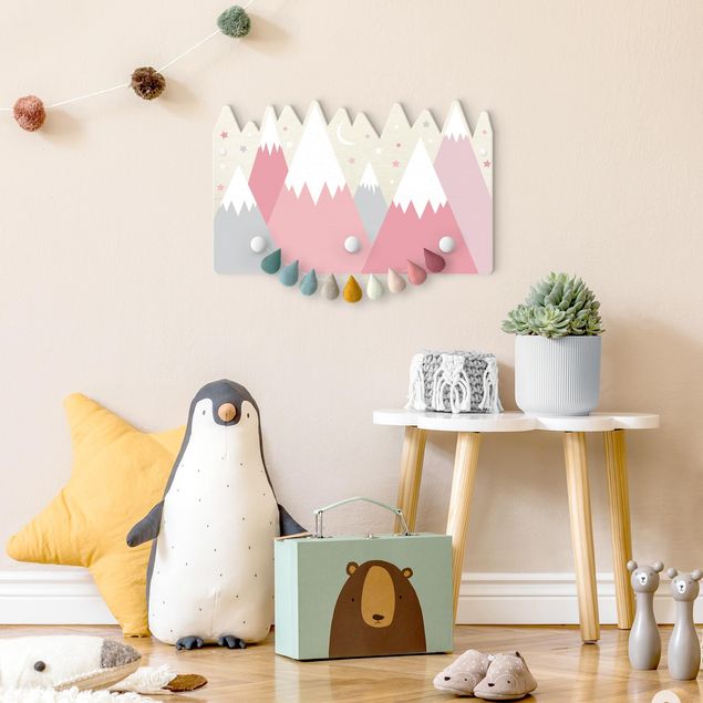 Coat rack for children - Snow-capped Mountains Stars And Moon Pink