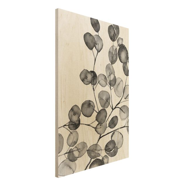Wood print - Black And White Eucalyptus Twig Watercolour