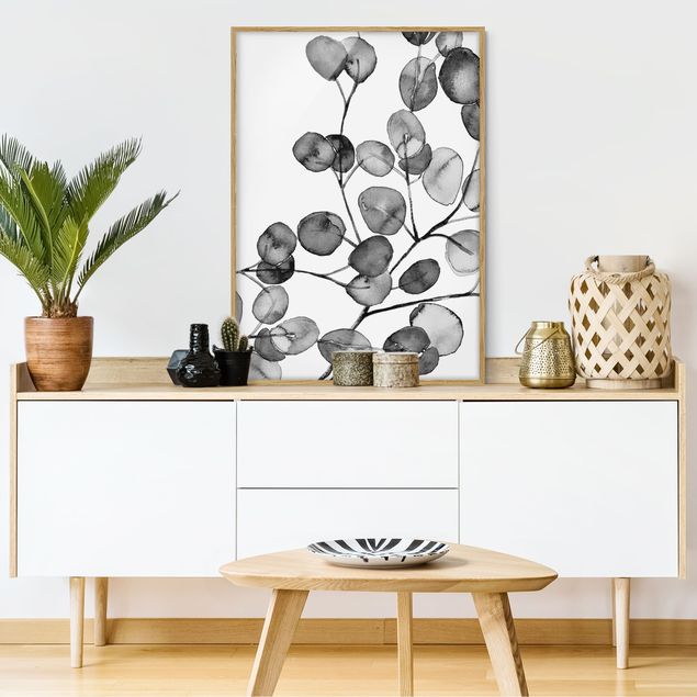 Framed poster - Black And White Eucalyptus Twig Watercolour