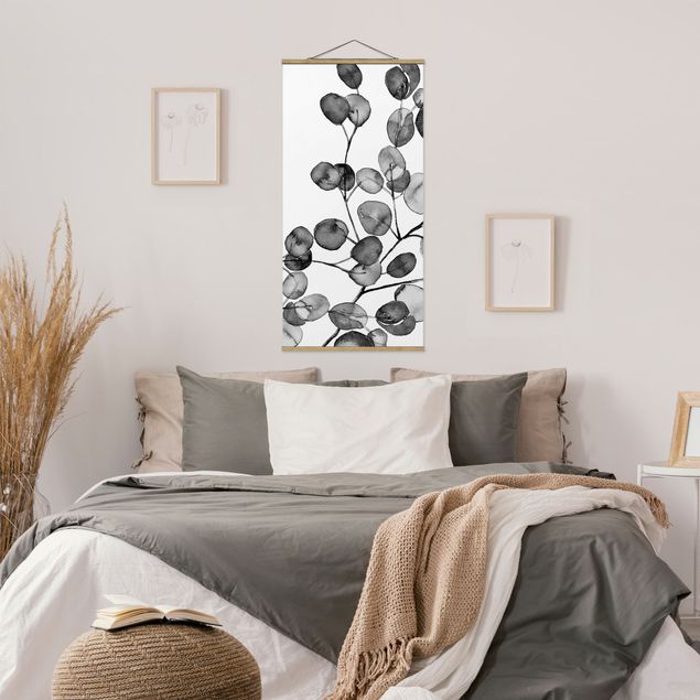 Fabric print with poster hangers - Black And White Eucalyptus Twig Watercolour - Portrait format 1:2