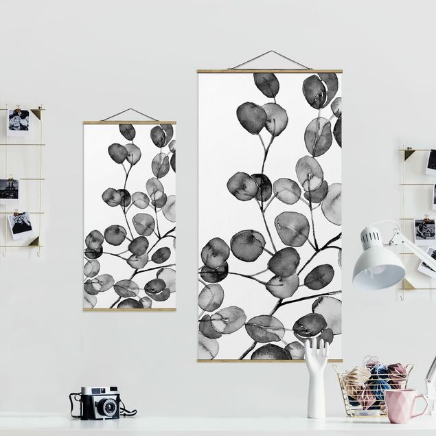 Fabric print with poster hangers - Black And White Eucalyptus Twig Watercolour - Portrait format 1:2