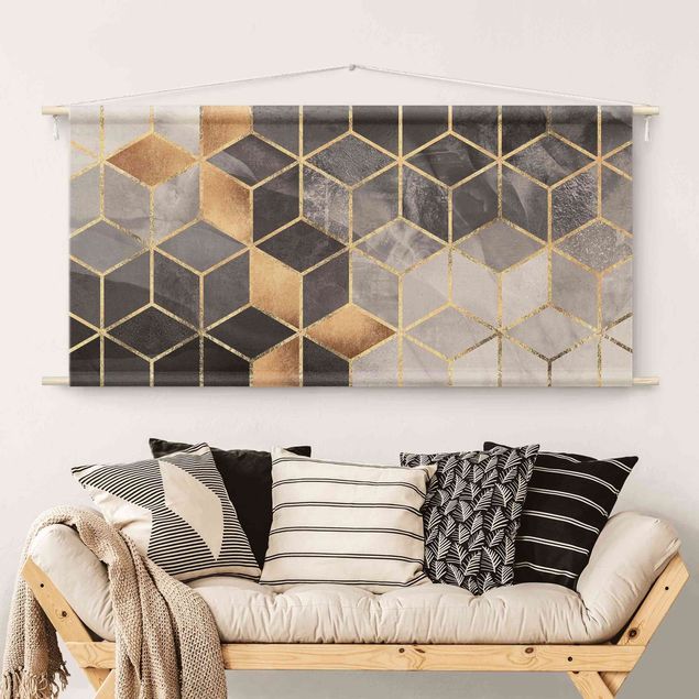 modern wall tapestry Black And White Golden Geometry