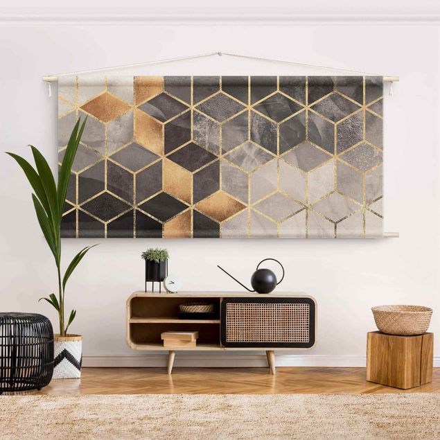 extra large tapestry wall hangings Black And White Golden Geometry