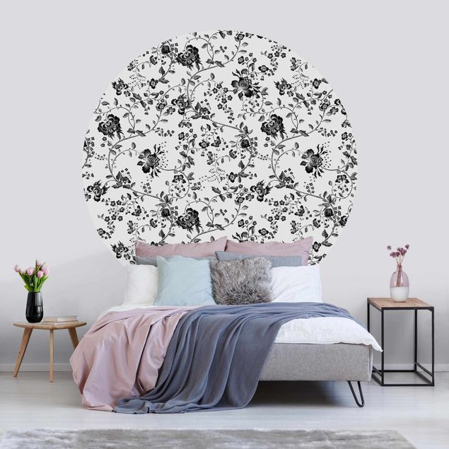 Self-adhesive round wallpaper - Black Flower Tendrils