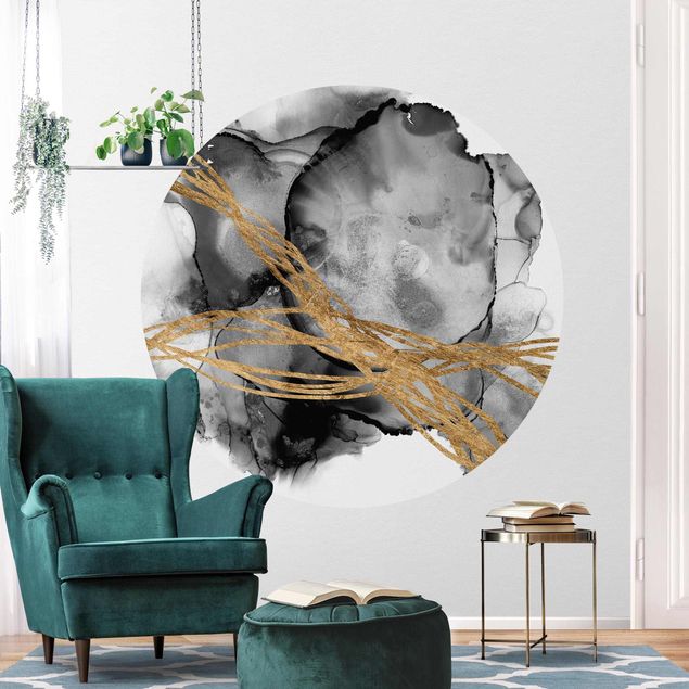 Self-adhesive round wallpaper - Black Ink With Golden Lines