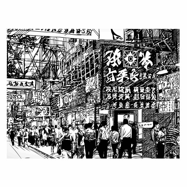 Magnetic memo board - Black And White Drawing Asian Street II - Landscape format 4:3
