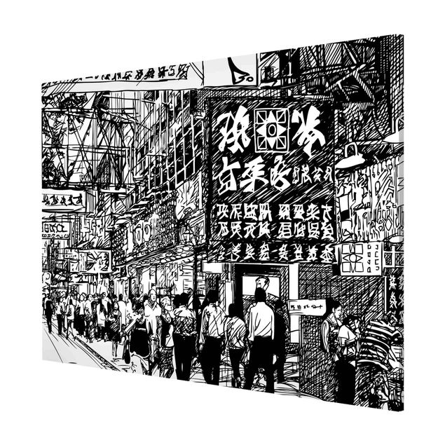 Magnetic memo board - Black And White Drawing Asian Street II - Landscape format 4:3