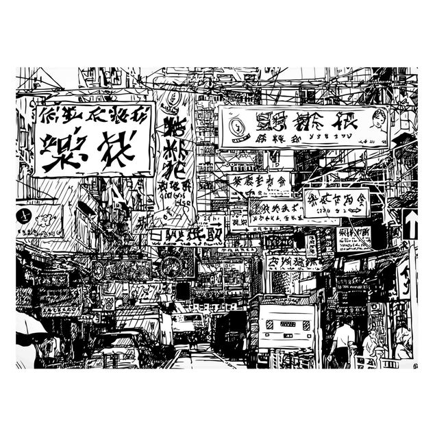 Magnetic memo board - Black And White Drawing Asian Street - Landscape format 4:3