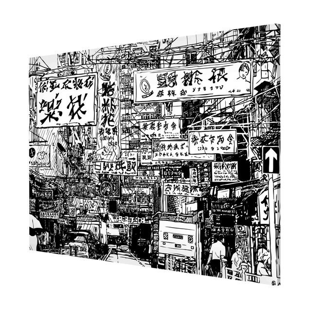Magnetic memo board - Black And White Drawing Asian Street - Landscape format 4:3