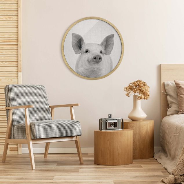 Circular framed print - Pig Shorsh Black And White