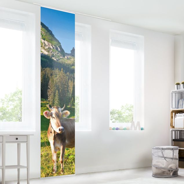 Sliding panel curtains set - Swiss Alpine Meadow With Cow