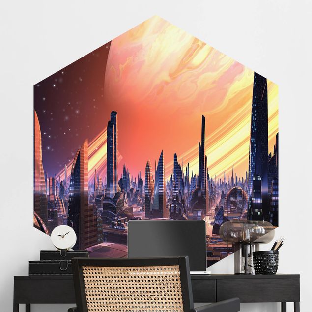 Hexagonal wall mural Sci-Fi Large City With Planet