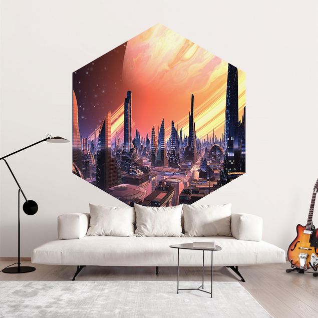 Self-adhesive hexagonal wall mural - Sci-Fi Large City With Planet
