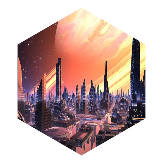 Self-adhesive hexagonal wall mural - Sci-Fi Large City With Planet