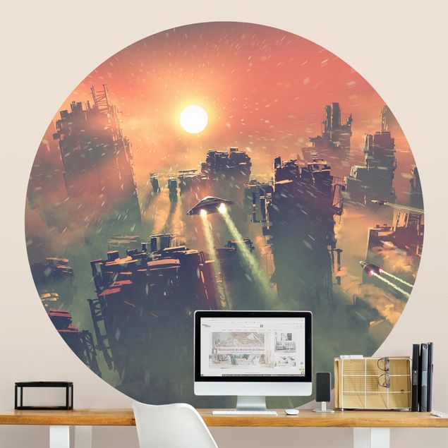 Self-adhesive round wallpaper - Sci-Fi Spaceships At Sunrise
