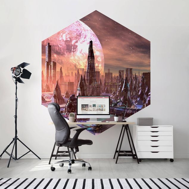 Self-adhesive hexagonal wall mural - Sci-Fi City With Planets
