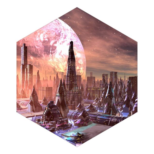 Self-adhesive hexagonal wall mural - Sci-Fi City With Planets