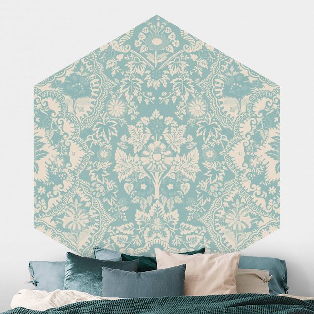 Hexagonal wall mural Shabby Baroque Wallpaper In Azure II
