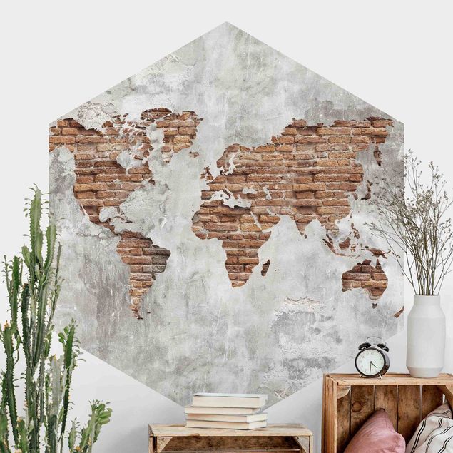 Self-adhesive hexagonal wall mural Shabby Concrete Brick World Map
