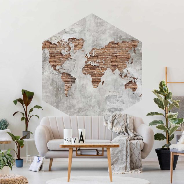 Self-adhesive hexagonal wall mural - Shabby Concrete Brick World Map