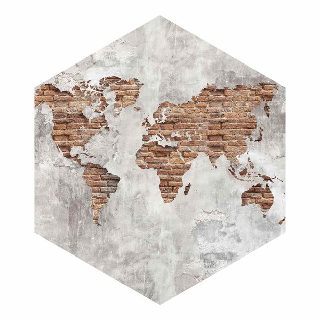 Self-adhesive hexagonal wall mural - Shabby Concrete Brick World Map