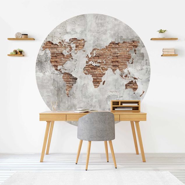 Self-adhesive round wallpaper - Shabby Concrete Brick World Map
