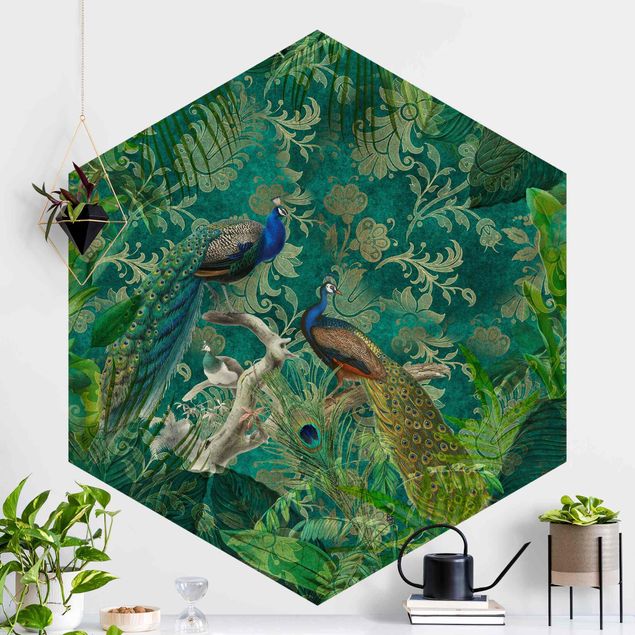 Hexagonal wall mural Shabby Chic Collage - Noble Peacock II
