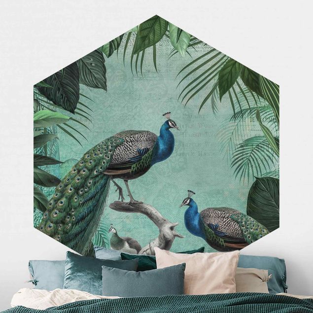 Hexagonal wall mural Shabby Chic Collage - Noble Peacock