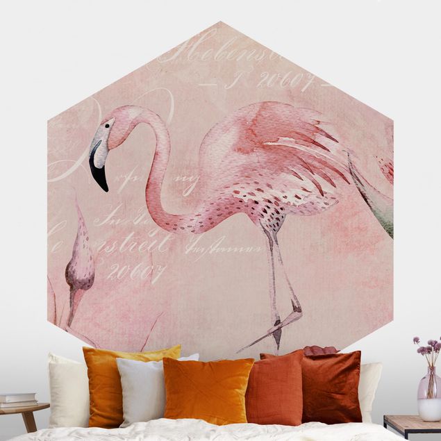 Hexagonal wallpapers Shabby Chic Collage - Flamingo