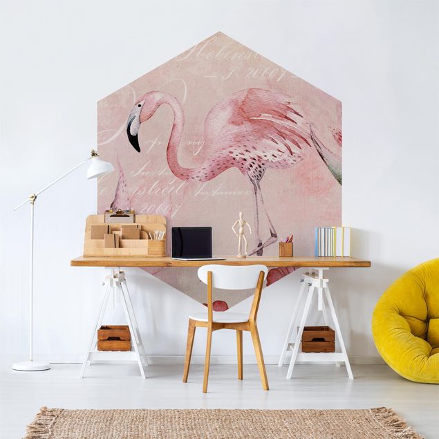 Self-adhesive hexagonal pattern wallpaper - Shabby Chic Collage - Flamingo
