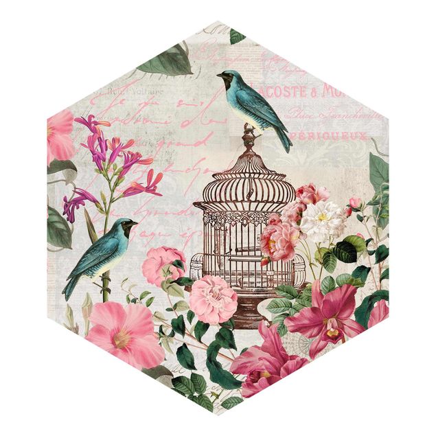 Self-adhesive hexagonal pattern wallpaper - Shabby Chic Collage - Pink Flowers And Blue Birds