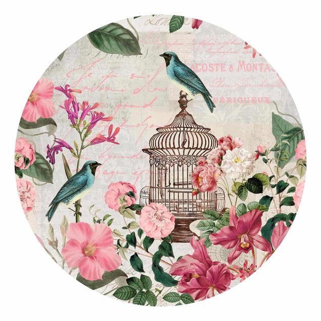 Self-adhesive round wallpaper - Shabby Chic Collage - Pink Flowers And Blue Birds