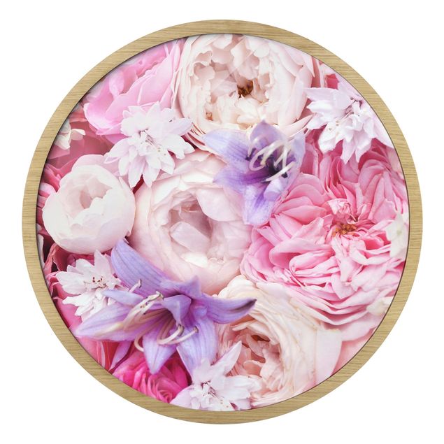 Circular framed print - Shabby Roses With Bluebells