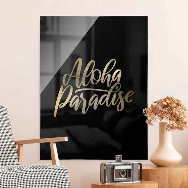 Glass print - Silver - Aloha Paradise On Black - Portrait format