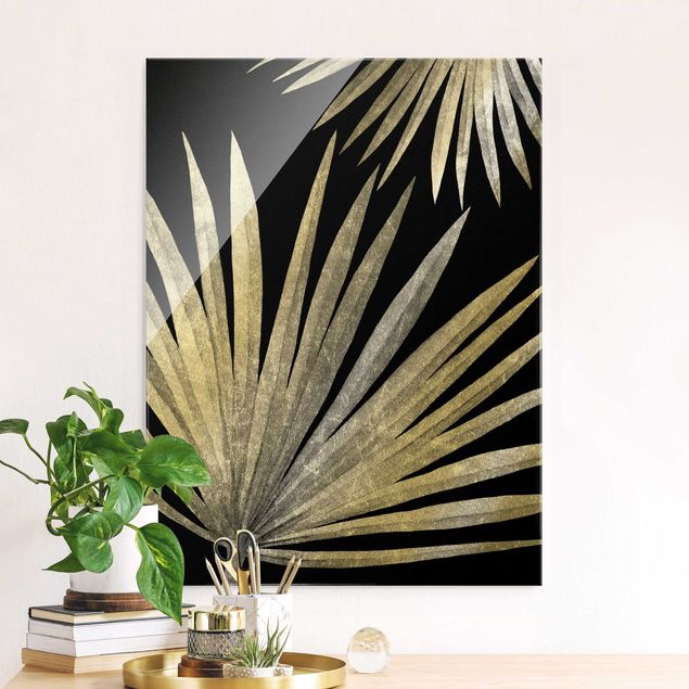 Glass print - Silver -Palm Leaves On Black - Portrait format