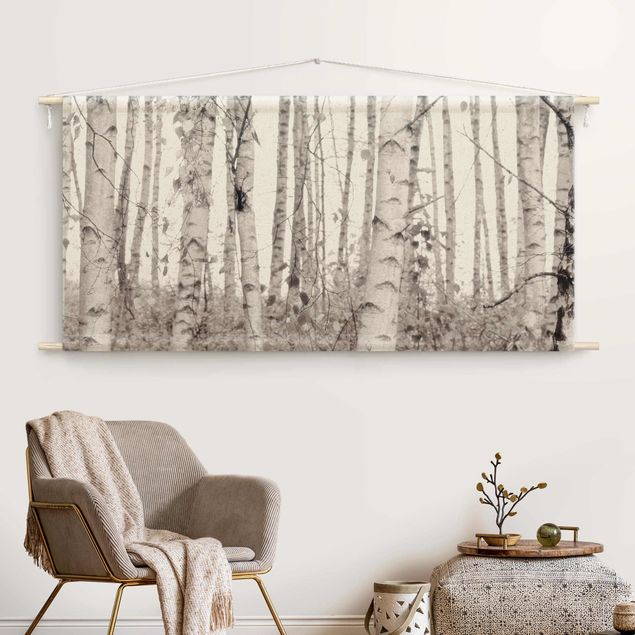 modern wall tapestry Silver Birch Tree In White Light