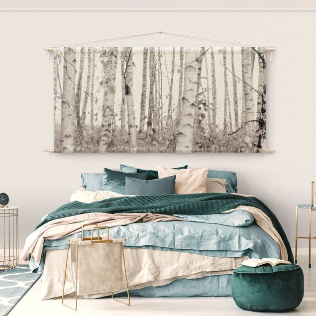forest wall tapestry Silver Birch Tree In White Light